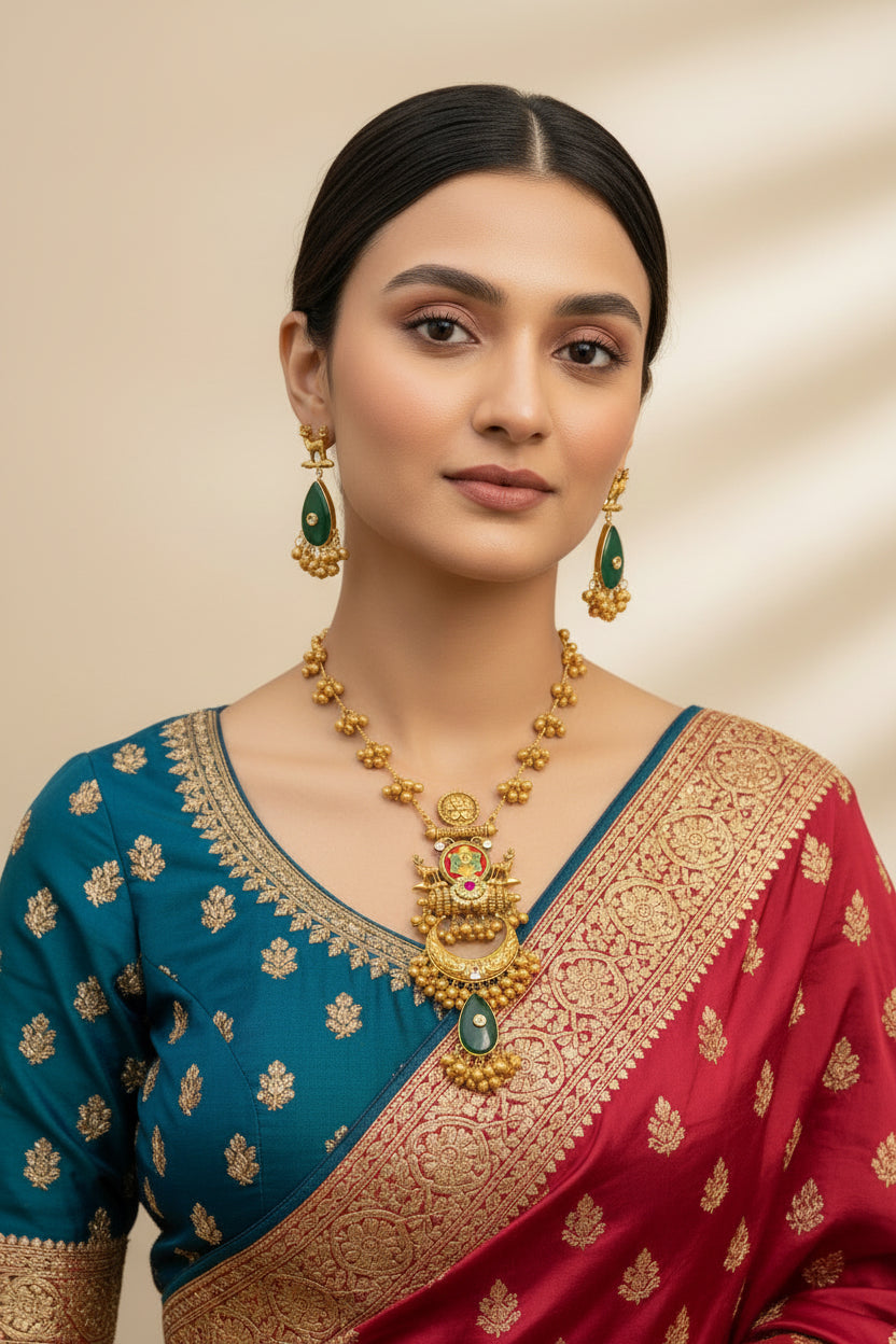 South Indian Temple Necklace Set with Pendant,