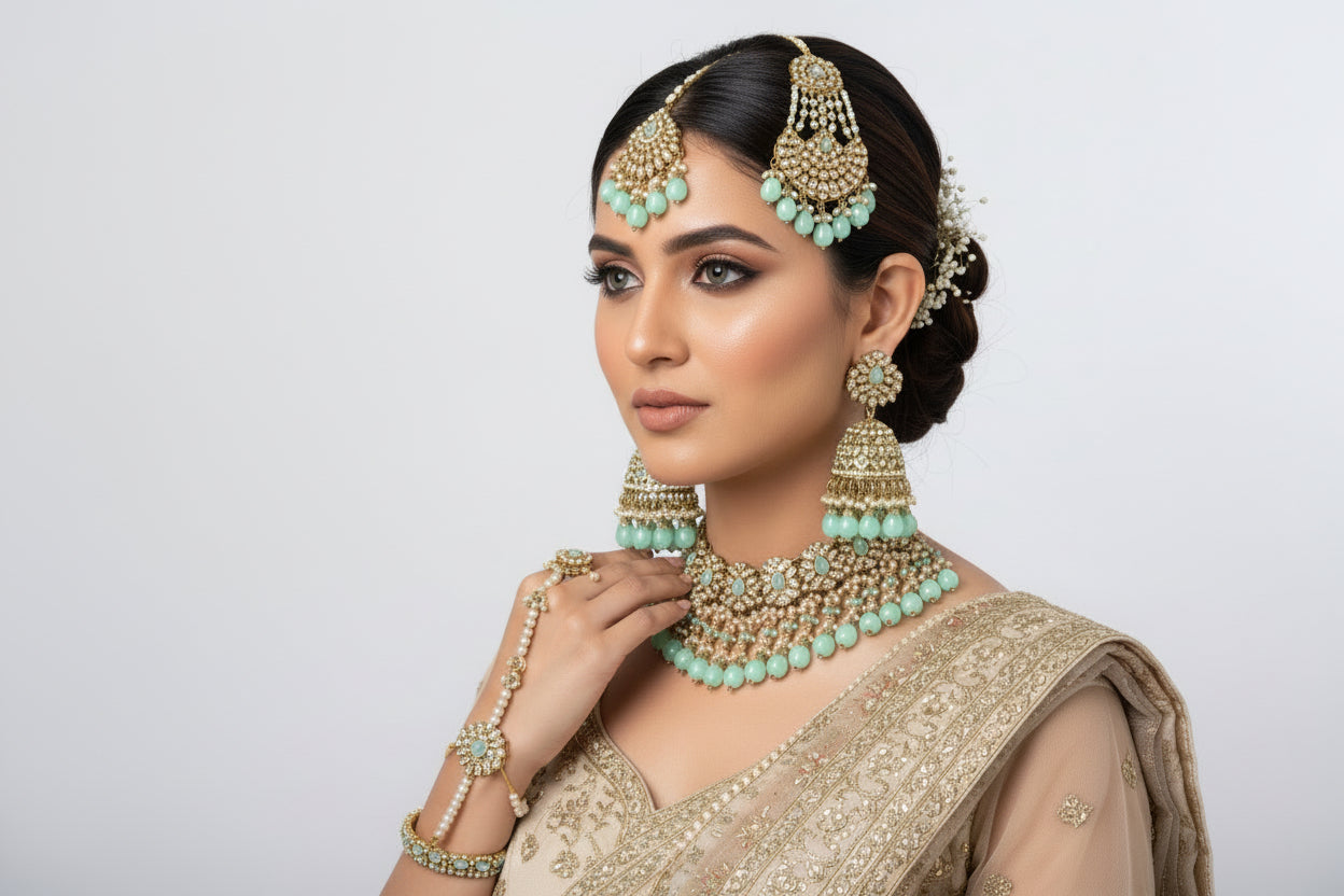 Kundan pearl bridal choker set with Passa
