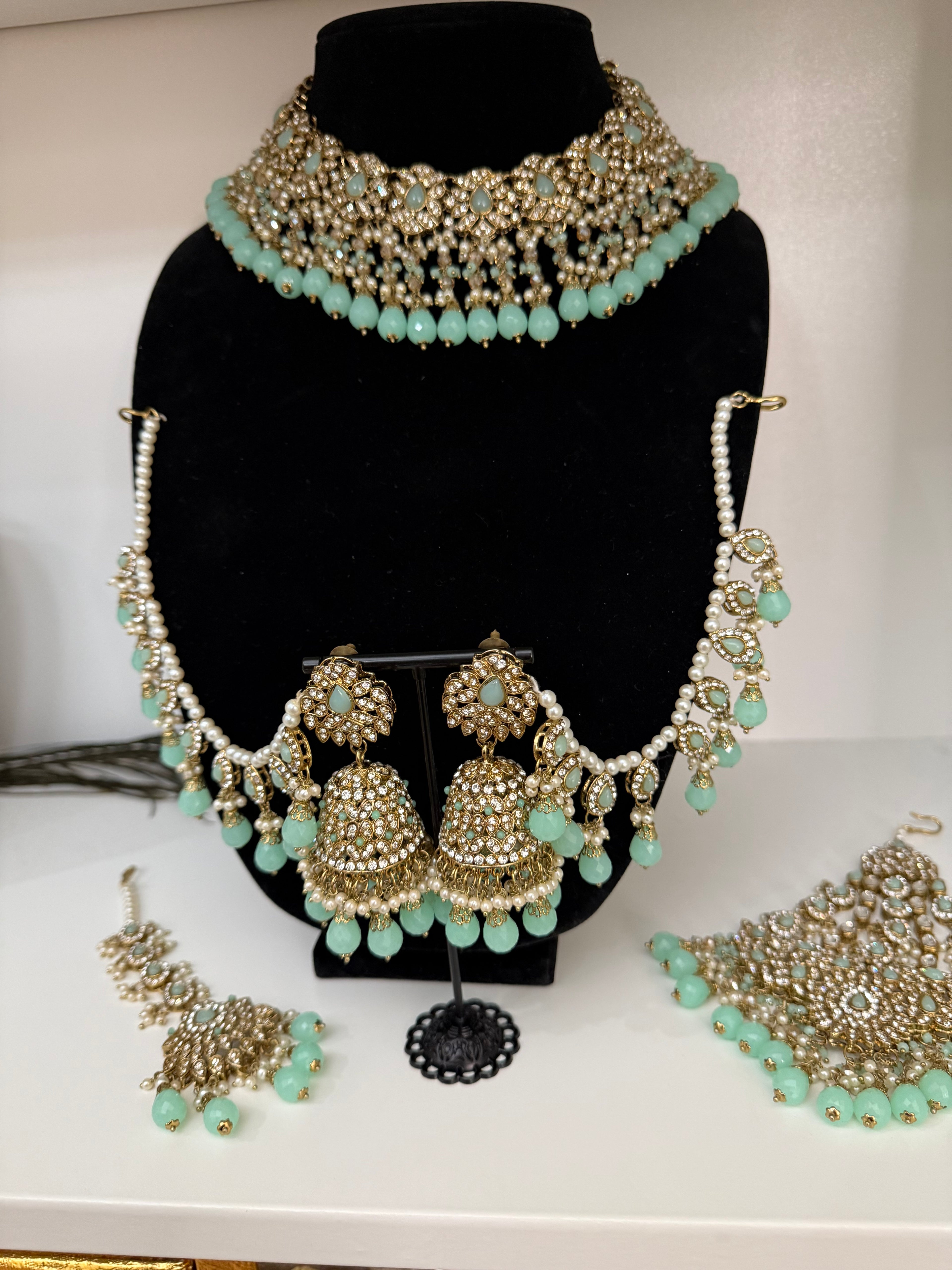 Mint Green Kundan Bridal Choker Set with Jhumkas & Maang Tikka