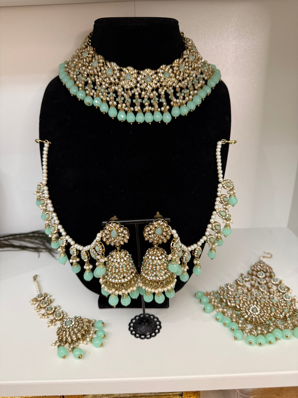 Mint Green Kundan Bridal Choker Set with Jhumkas & Maang Tikka