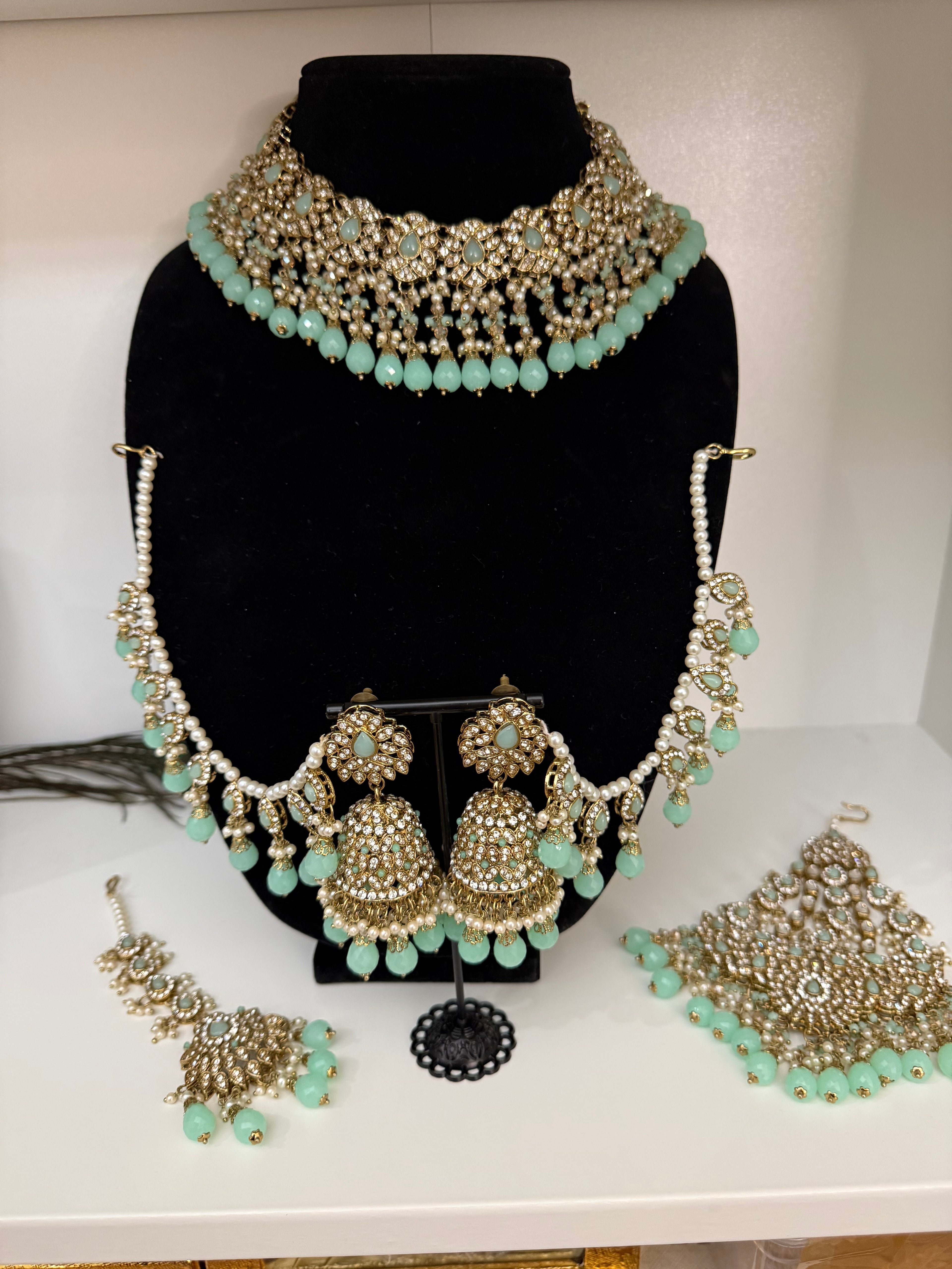 Mint Green Kundan Bridal Choker Set with Jhumkas & Maang Tikka