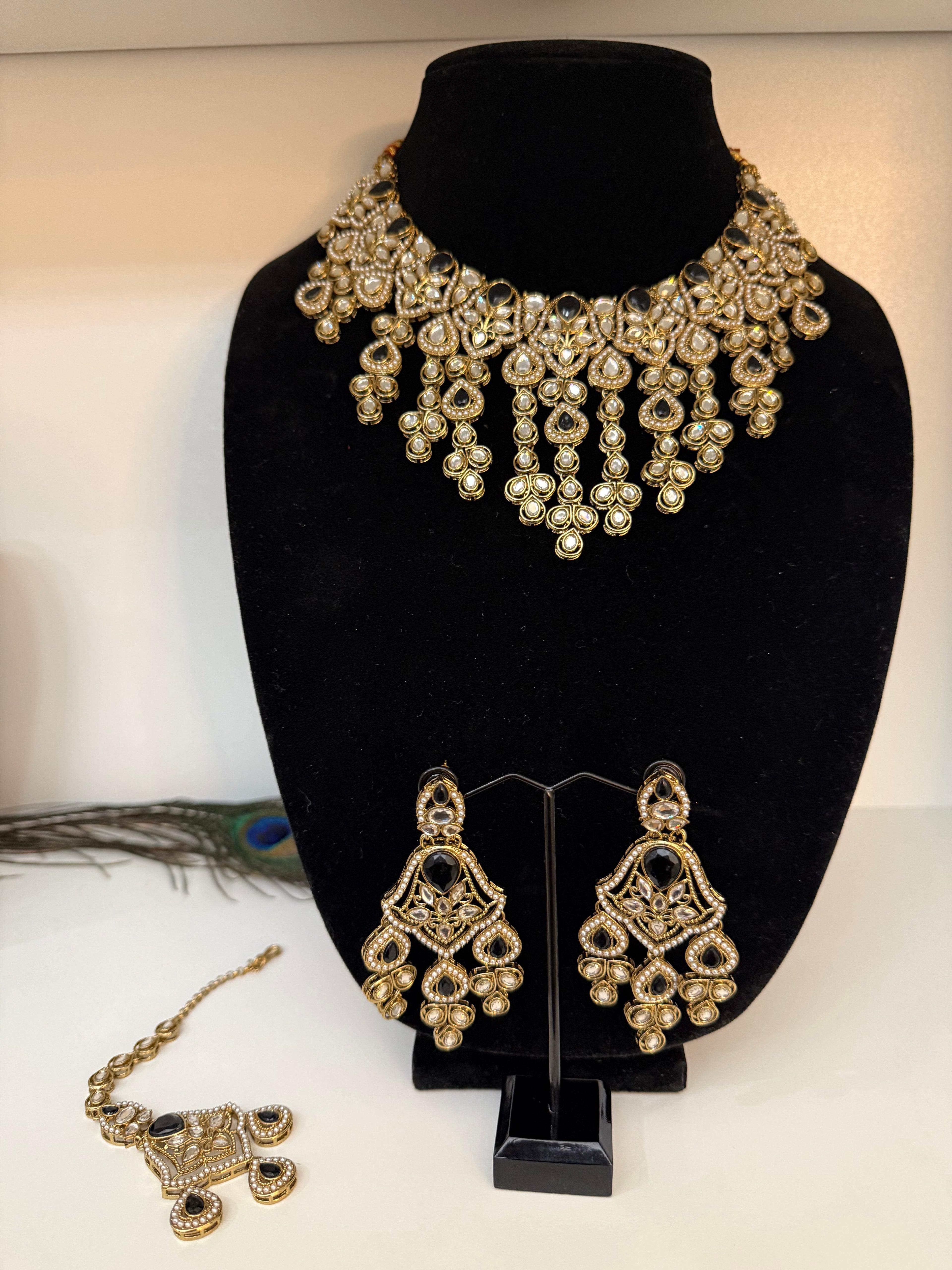 Black Onyx Kundan Polki Bridal Choker Set with Earrings & Maang Tikka